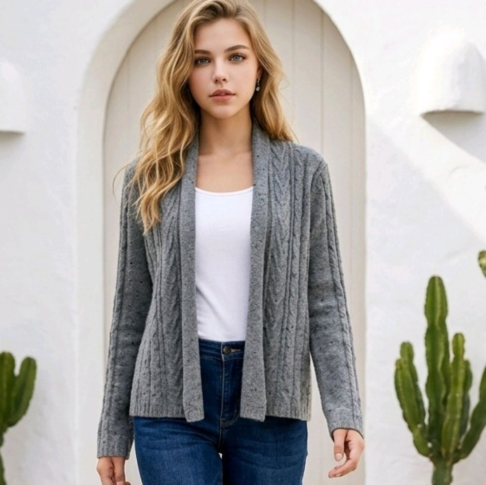 Converse One Star Cardigan XL Gray Cable Knit Wool Blend Open Front Sweater Top